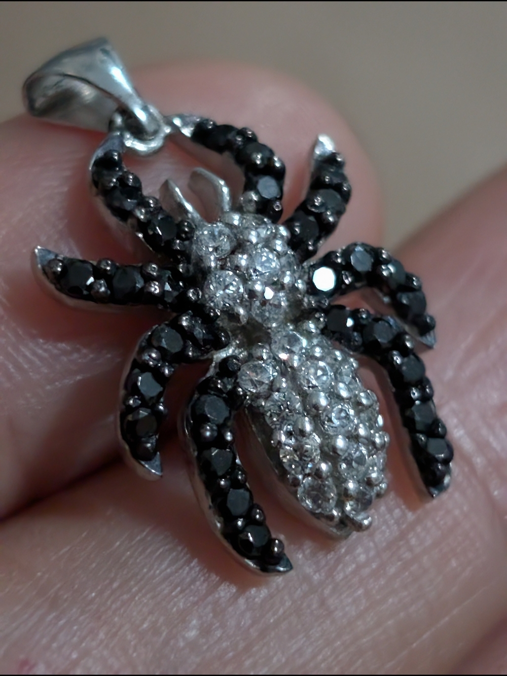 Designer 925 Sterling Silver Black White Crystals Spider Charm Pendant
